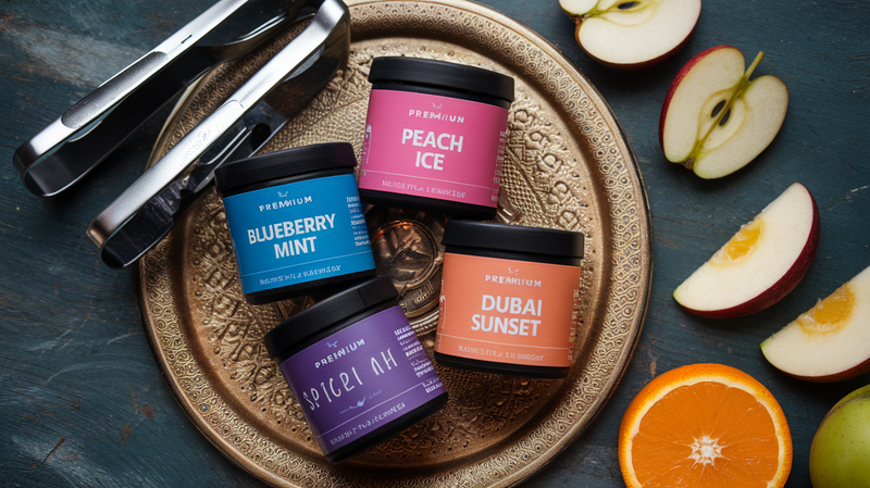 Flat lay of shisha flavor tubs and fresh fruit, the flavors Dubai is ordering in 2026