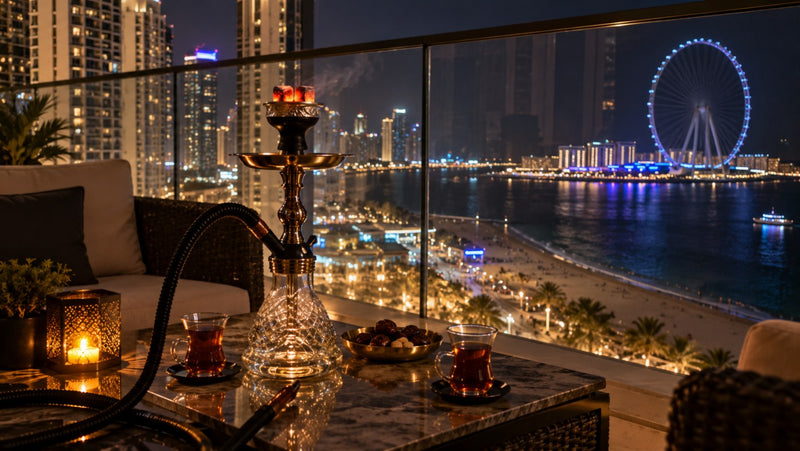 Late-night shisha on a JBR balcony with The Beach and Ain Dubai in view