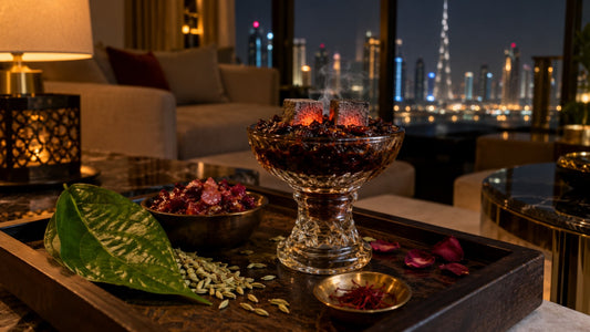 Paan shisha bowl with betel leaf, gulkand, saffron and fennel in a Dubai apartment
