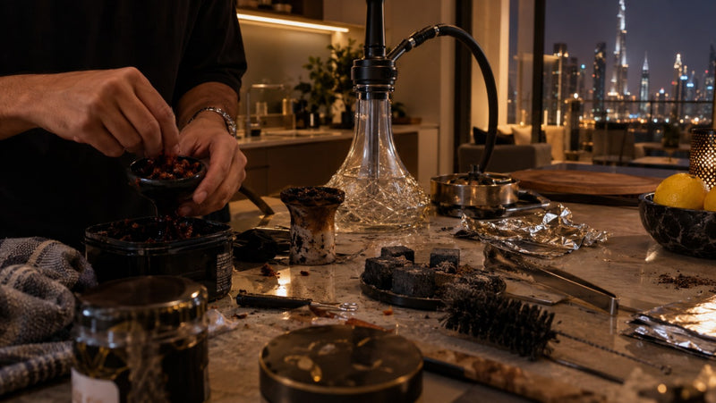 Preparing a hookah at home: tobacco, foil, coals and cleaning brushes on a kitchen counter