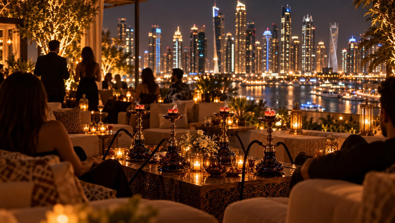A rooftop party in Dubai Marina with four lit shishas and the skyline behind