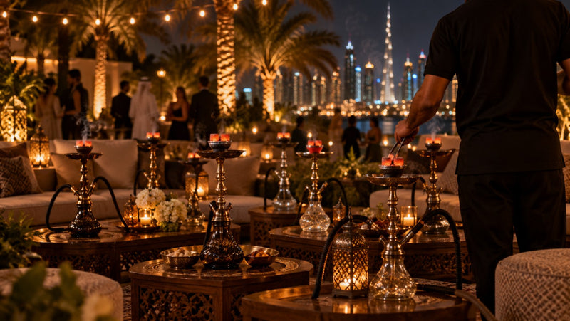 Shisha catering at a Dubai villa garden party with a server rotating coals