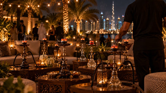Shisha catering at a Dubai villa garden party with a server and eight lit shishas