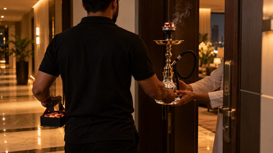 A lit shisha delivered to an apartment door in Dubai