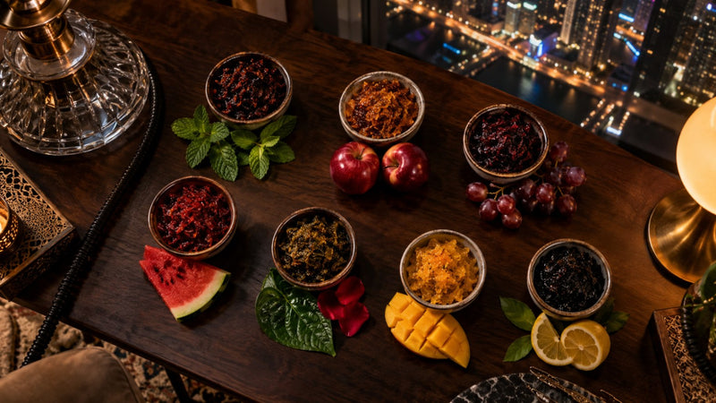Seven shisha flavors in bowls with their fresh garnish: mint, apple, grape, watermelon, paan, mango and lemon
