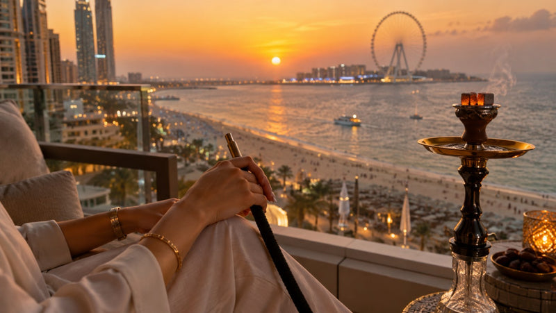 A lit shisha on a JBR balcony at sunset, delivered by Shisha On Wheels