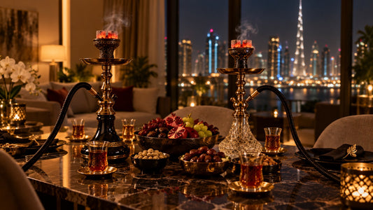 Two delivered shishas on a dinner table in a Dubai apartment