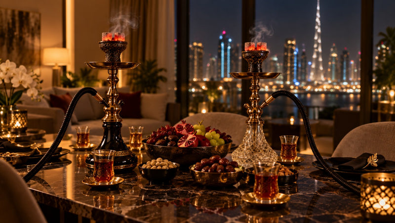 Two delivered shishas on a dinner table in a Dubai apartment