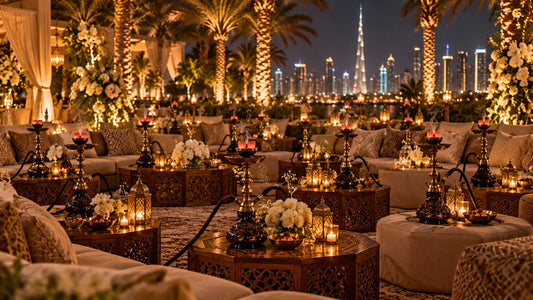 A wedding shisha lounge at an outdoor Dubai venue with lanterns and majlis seating